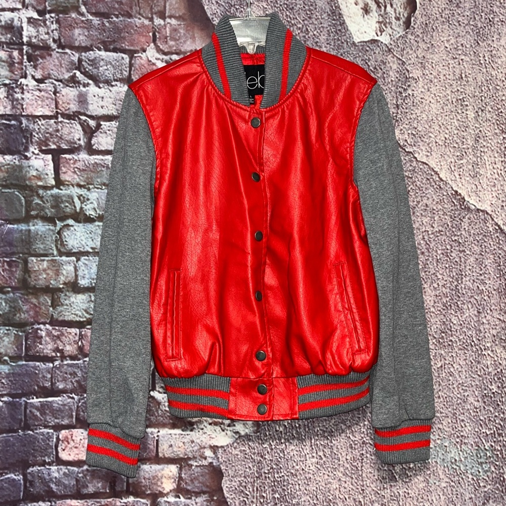 Deb Red Gray Varsity Baseball Letterman Style Bomber Jacket Girls Size Large